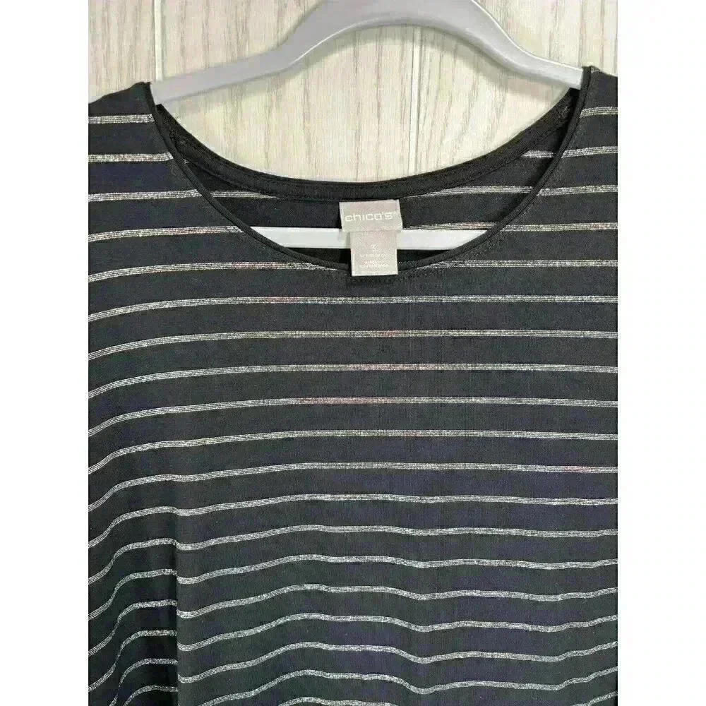 Chicos Top Sz 3/XL Black Gold Metallic Stripe Long-Sleeve Round Neck Layering
